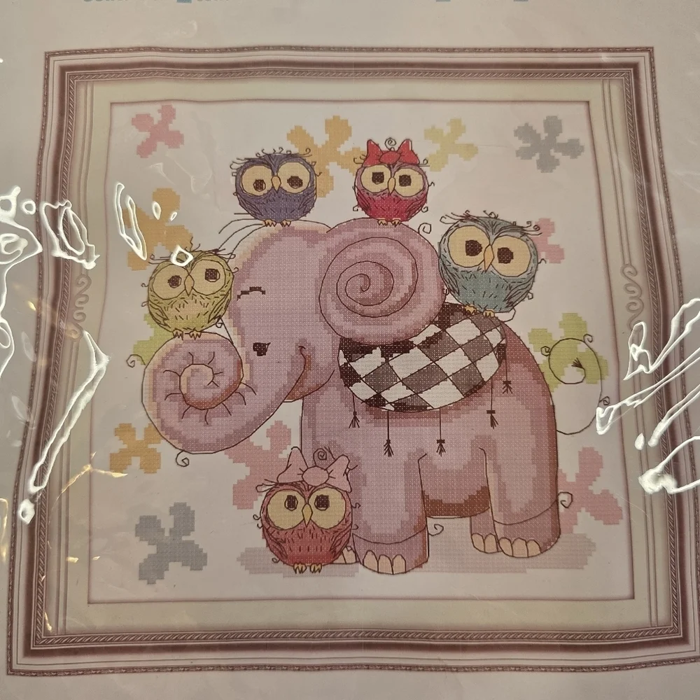 New Elephant Owl Cross Stitch Kit DIY Craft Pre-Printed Fabric Nursery Decor